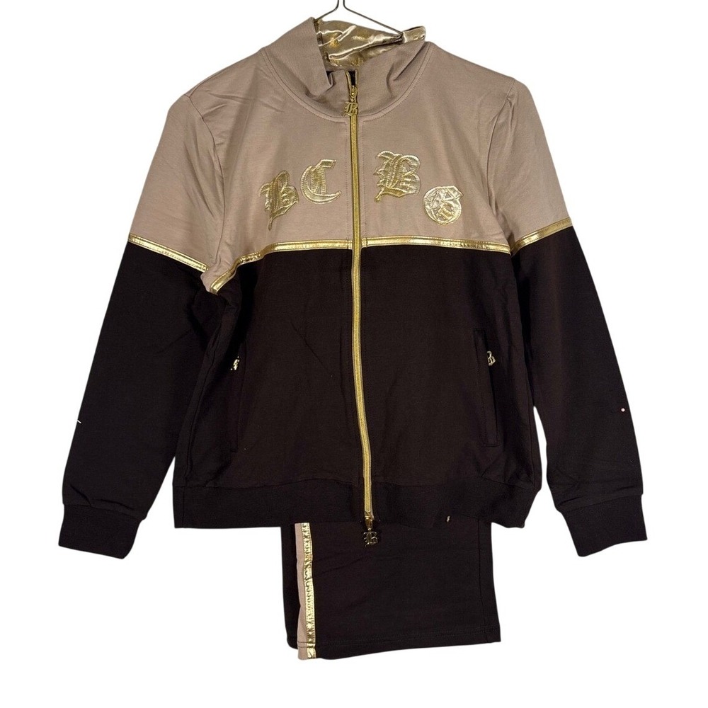 BCBGMAXAZRIA Tracksuit Set Cocoa Brown Gold Metallic Zip Jacket Pants XL NEW